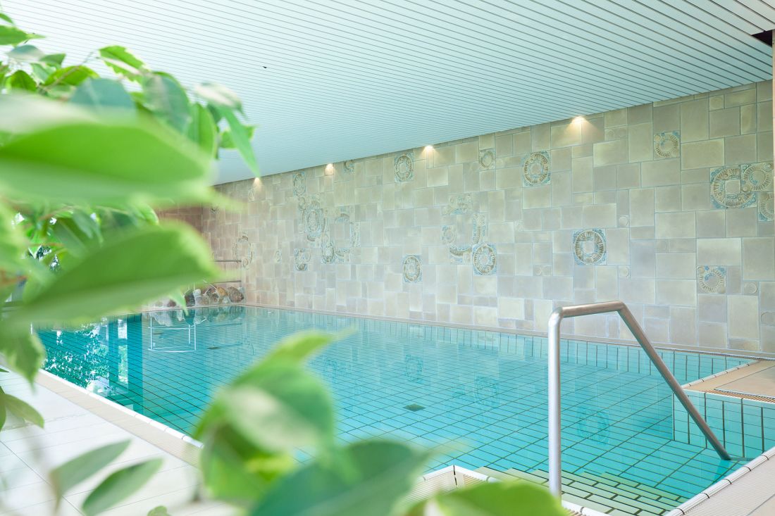 Hallenschwimmbad des Hotel Seelust mit klarem, blauem Wasser, umgeben von gefliesten Wänden mit dekorativen Mustern. Metallgeländer an den Stufen des Schwimmbeckens und grüne Blattpflanzen, die teilweise im Vordergrund zu sehen sind.