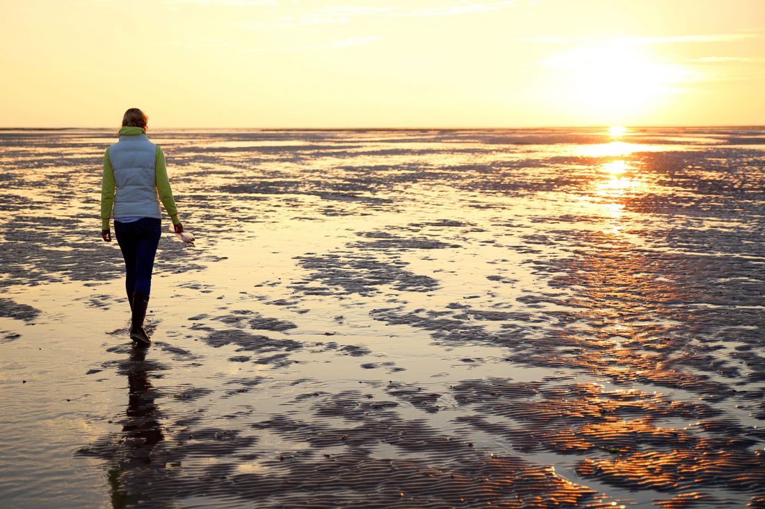 Eine Person spaziert allein im Watt bei Ebbe und Sonnenuntergang, wobei die Sonne goldenes Licht auf das nasse Watt wirft.