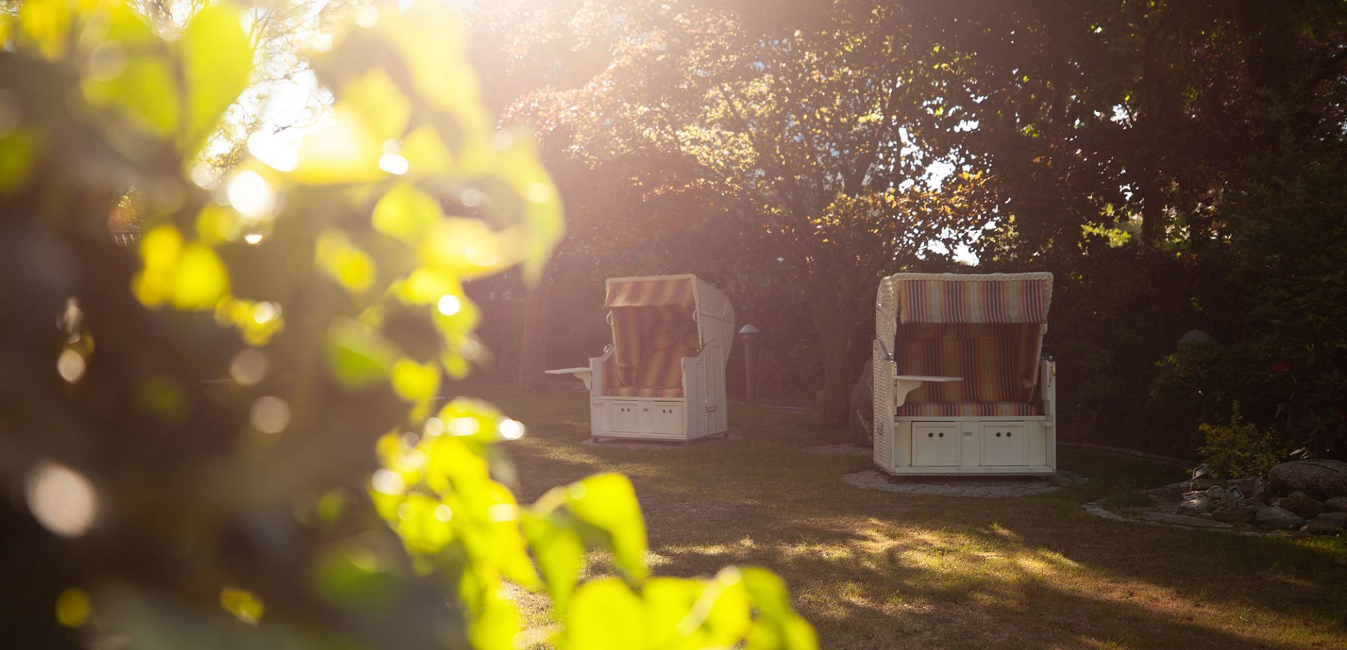 Sunlight filters through the leafy branches and illuminates two striped beach chairs with canopies resting on the grass in a shady, tranquil garden. The atmosphere is serene and inviting.