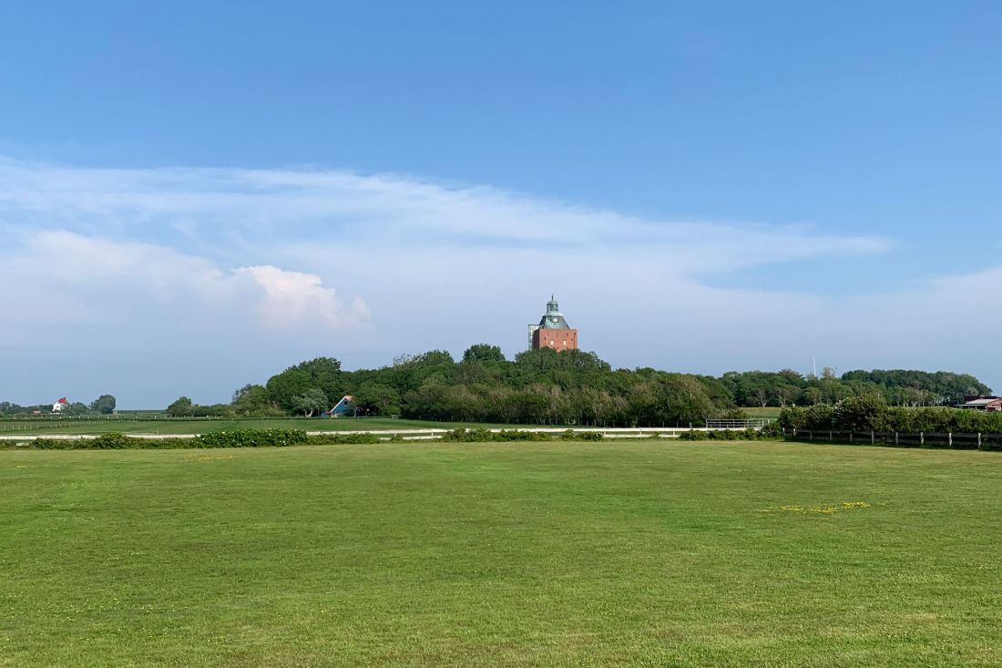 Eine große grüne Wiese unter einem klaren blauen Himmel mit dem historischen Backsteinleuchtturn der Insel Neuwerk mit grüner Kuppel, umgeben von Bäumen in der Ferne.
